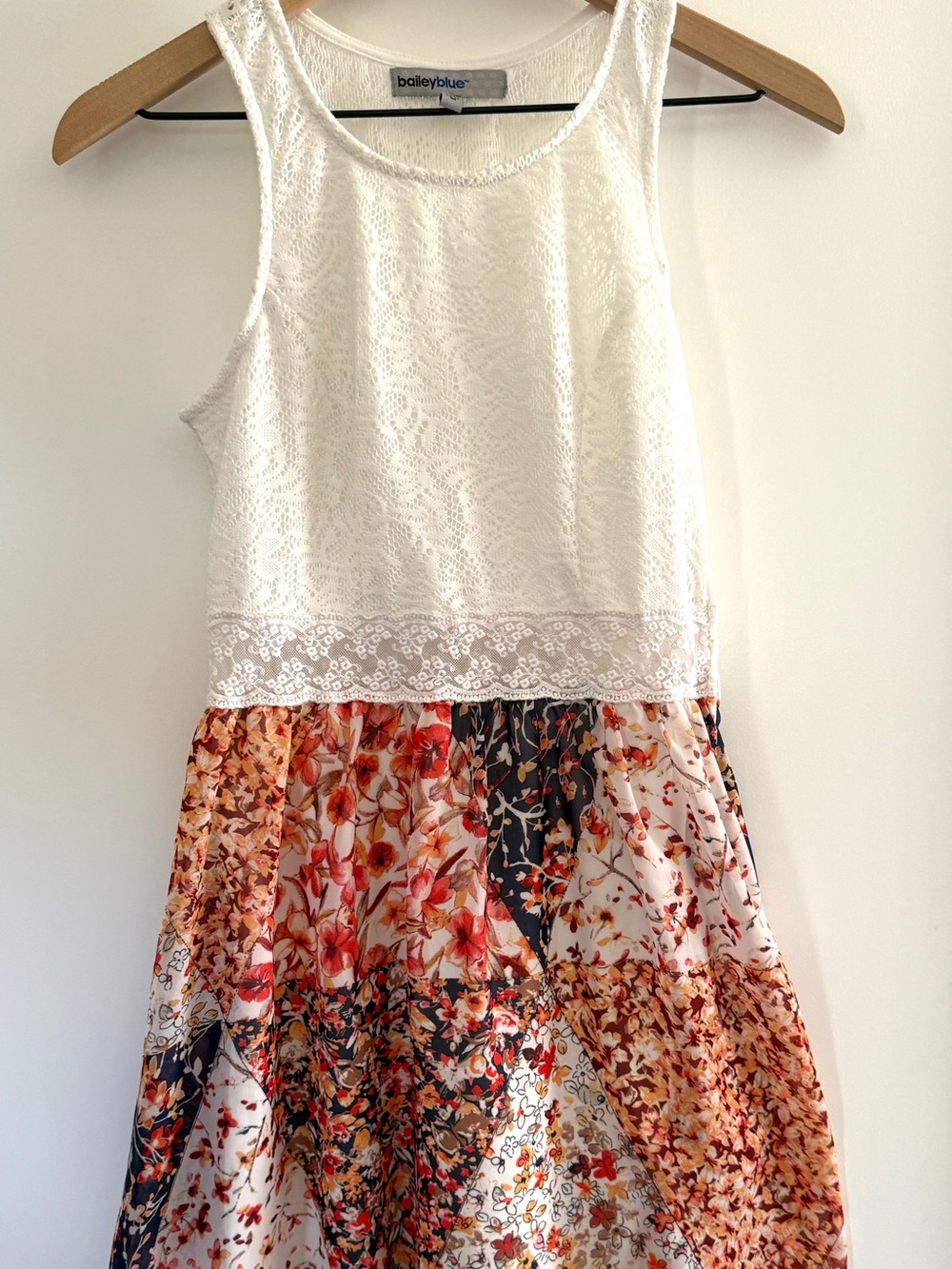 Bailey Blue Lace & Patchwork Floral Dress Medium Boho Cottagecore Sleeveless